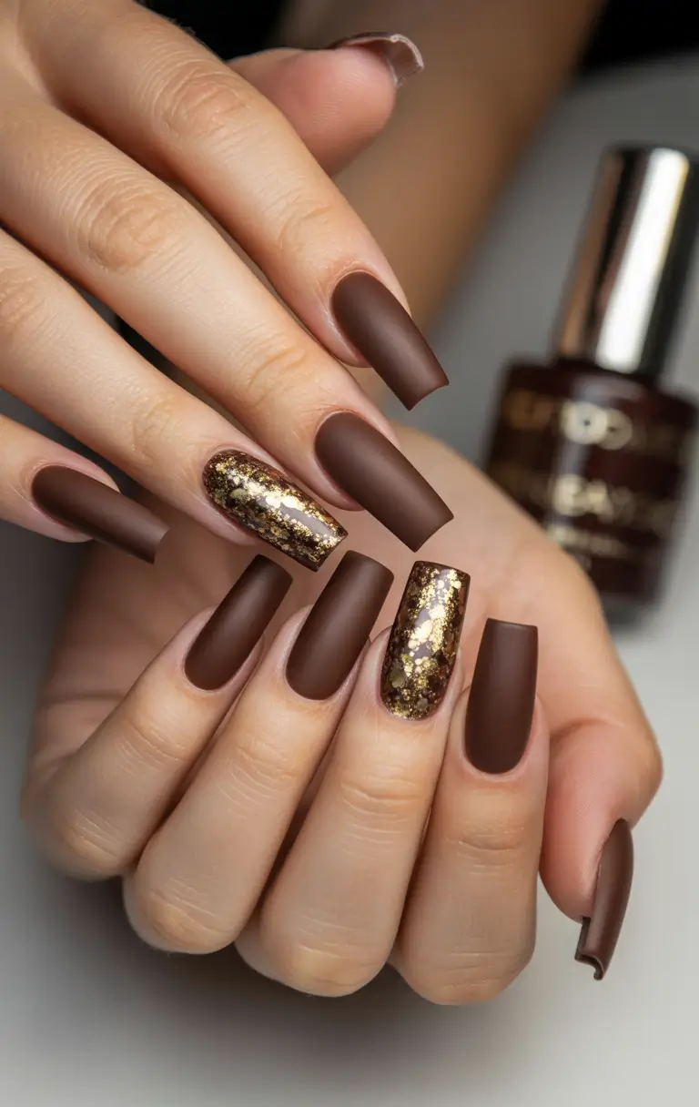 Dark Winter Nail Colors Chocolate Matte with Gold Sparkle