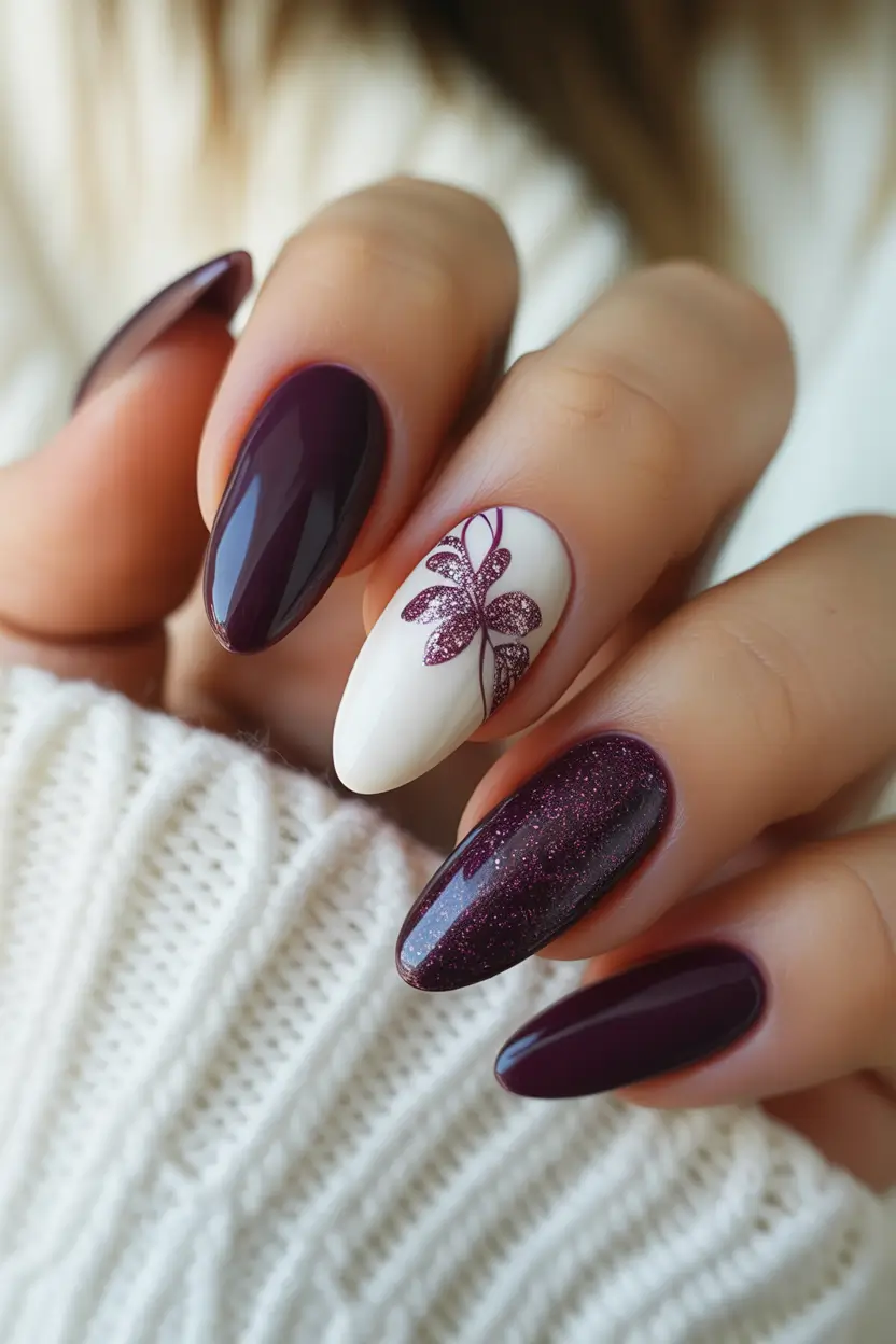 Dark Winter Nail Colors Plum & Ivory Accent