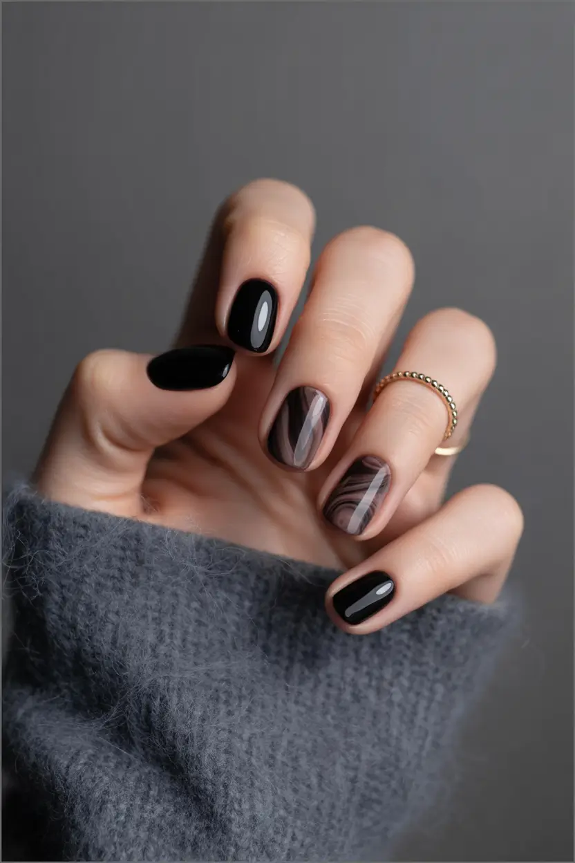 Dark Winter Nail Colors Black Marble Contrast