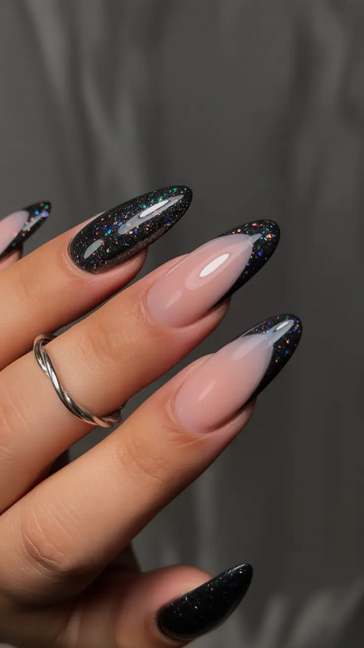 Dark Winter Nail Colors Starry Black French Fade