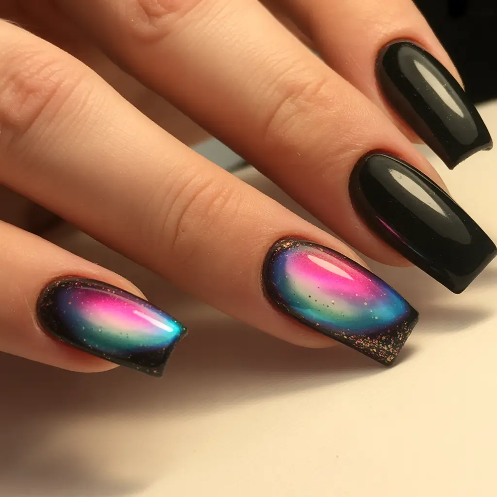 dark winter nails Neon Aurora Reflections