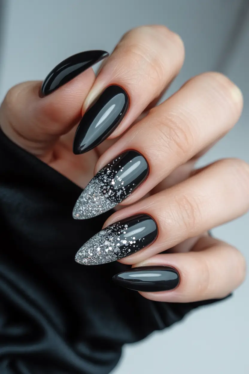 dark winter nails Silver Snowfall Glam