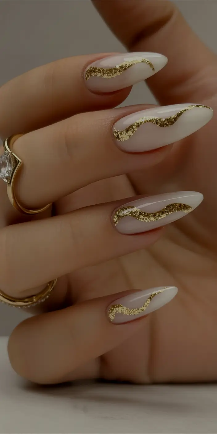 Dip Nail Ideas Golden Swirl Elegance