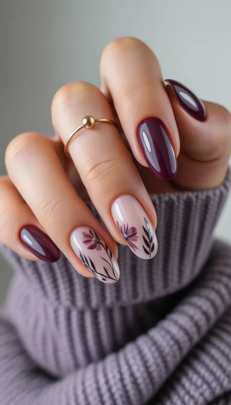 Dip Nail Ideas Berry Floral Accent