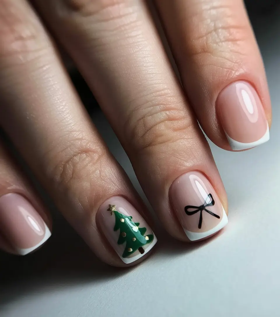 easy christmas nails Classic French with a Festive Twist
