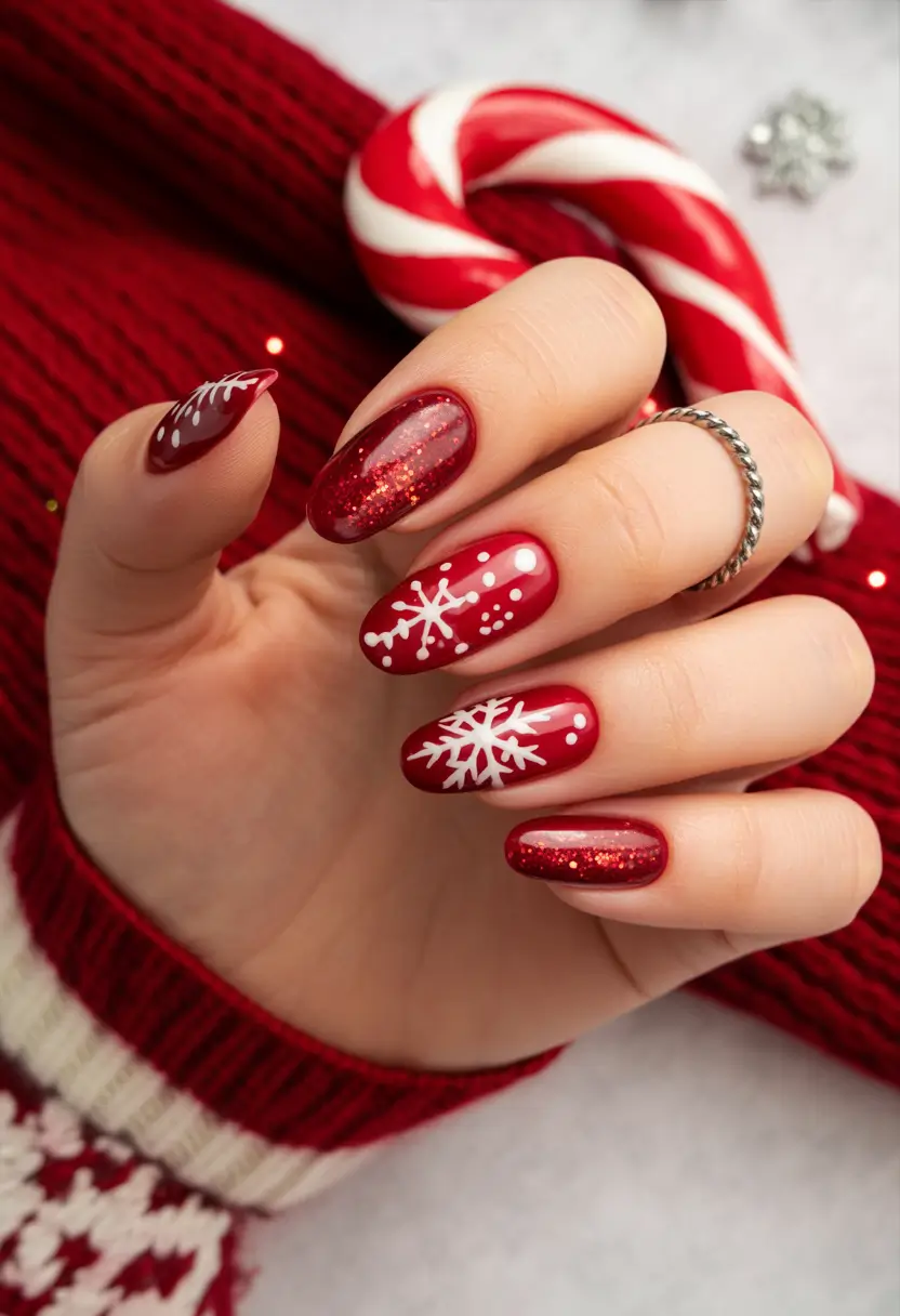 easy christmas nails Red Velvet Snowflakes