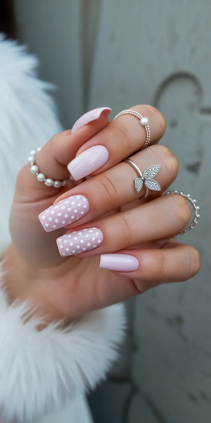 easy christmas nails Snowy Pink Polka Delight
