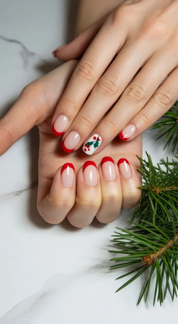 easy christmas nails Holly Berry French