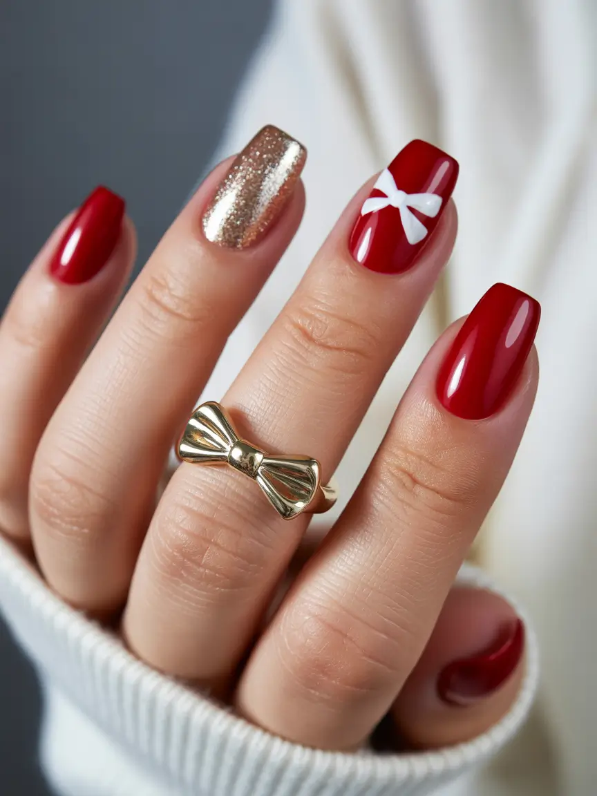 easy christmas nails Golden Glam & Red Allure