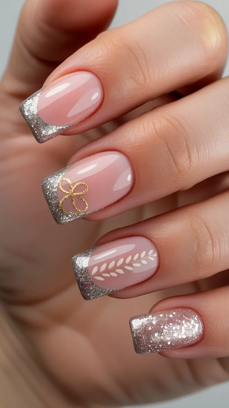 easy christmas nails Silver-Leaf Elegance