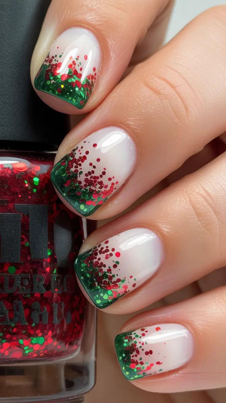 easy christmas nails Glittered Evergreen Tips