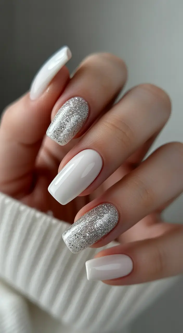 easy christmas nails White Sparkle Snowfall