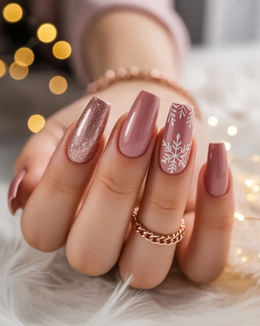 easy christmas nails Rose Gold Snowflake Dream