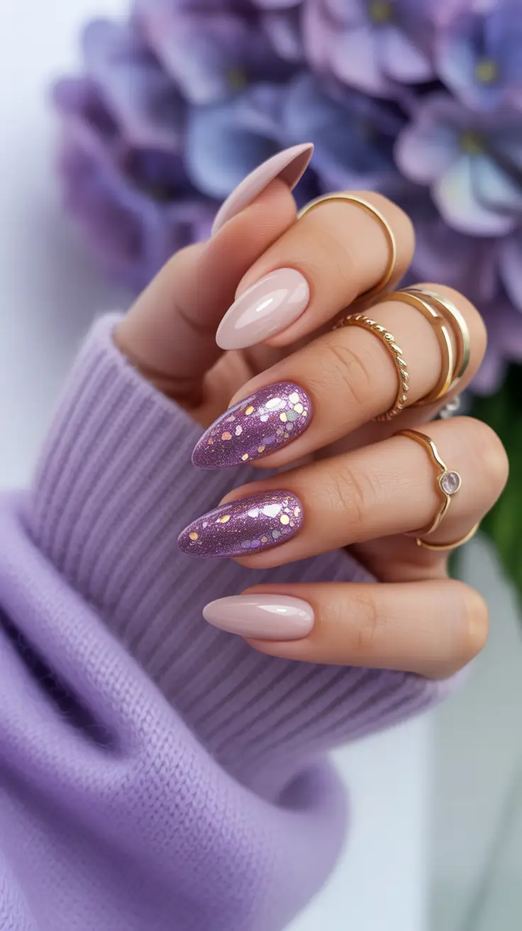 easy winter nails design and color ideas Lavender Glitter Bloom