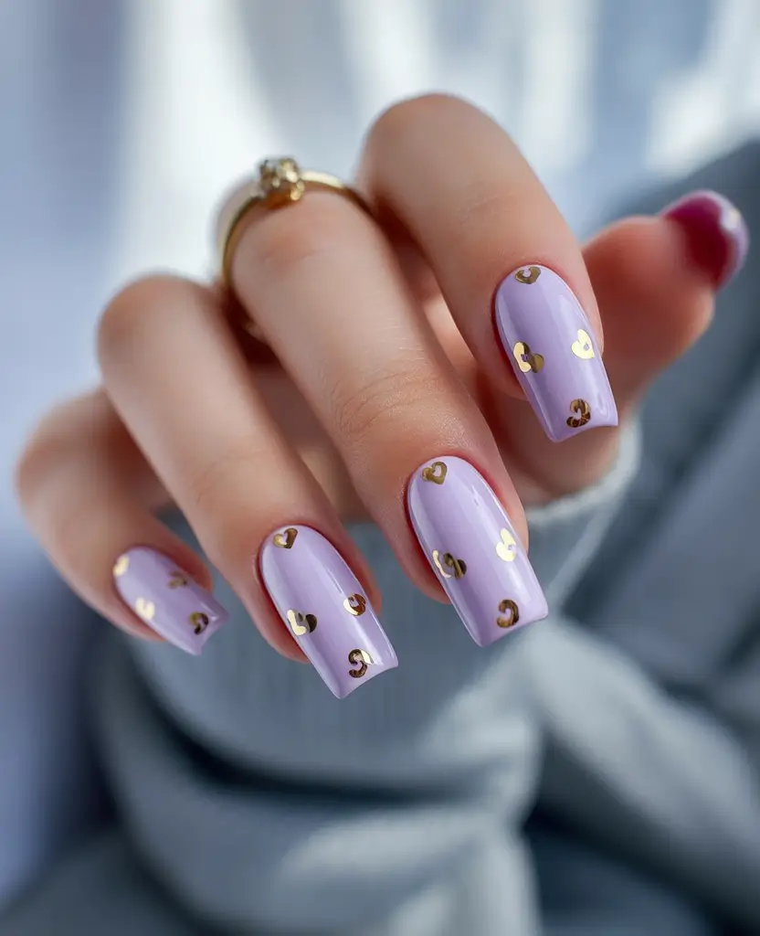 easy winter nails design and color ideas Lavender Love with Golden Hearts