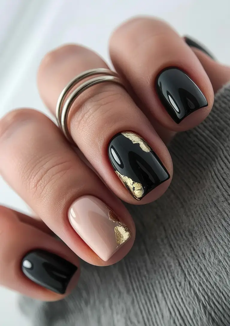 easy winter nails design and color ideas Black and Gold Winter Elegance
