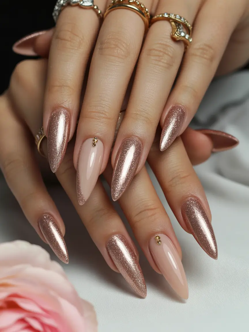 easy winter nails design and color ideas Rose Gold Almond Glow