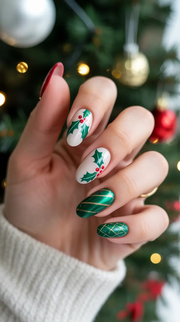 green christmas nails Festive Holly Charm