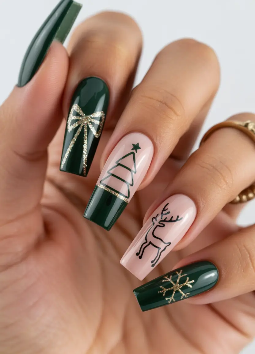 green christmas nails Golden Reindeer Grace