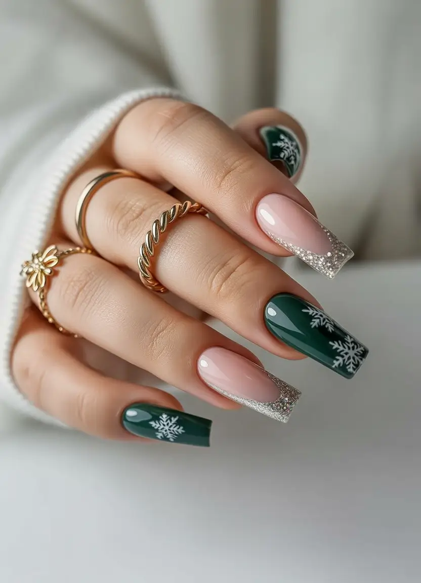 green christmas nails Snowflake French Elegance