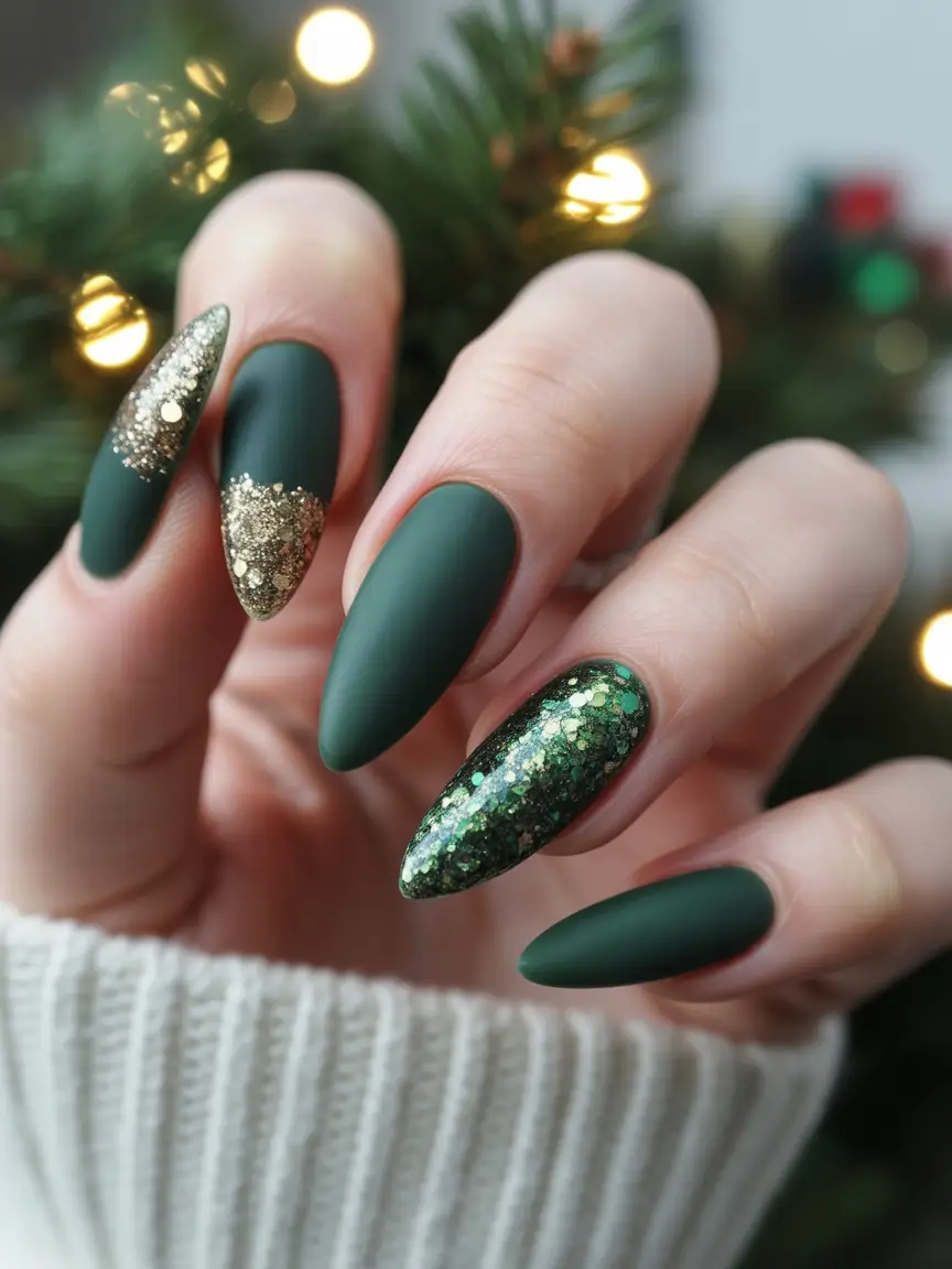 green christmas nails Matte Evergreen Elegance