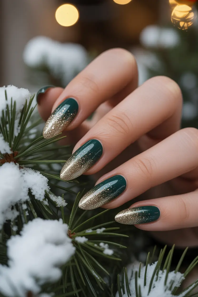 green christmas nails Golden Evergreen Glow