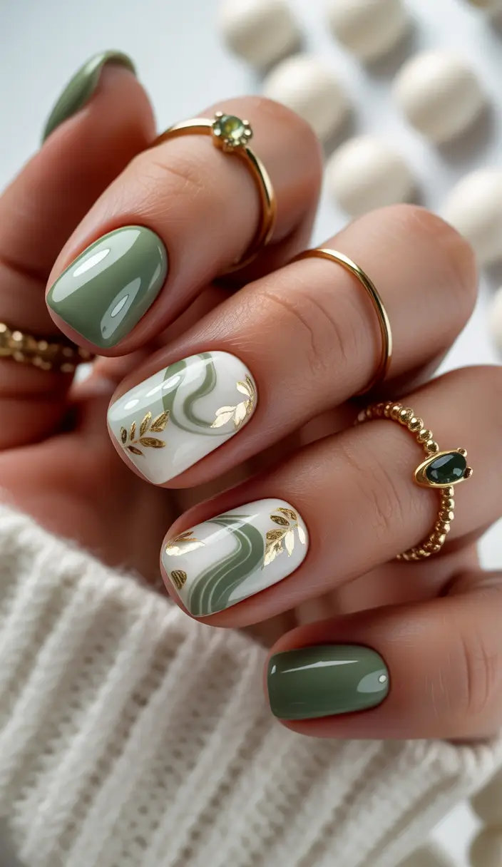 green christmas nails Sage Marble Elegance