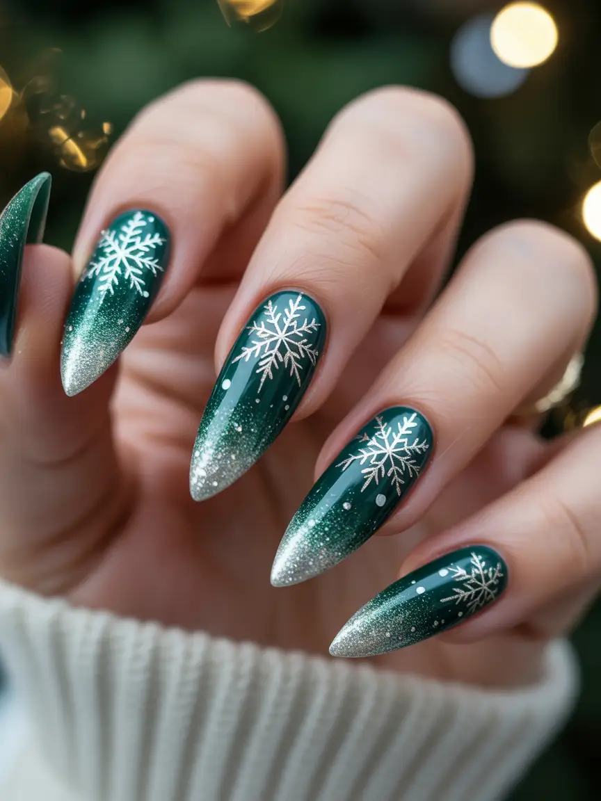 green christmas nails Frosted Forest Snowflakes