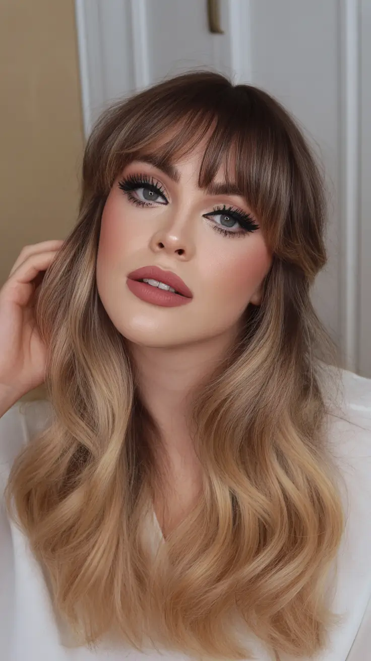 hair colors for soft winter Warm Vanilla Balayage with Curtain Bangs