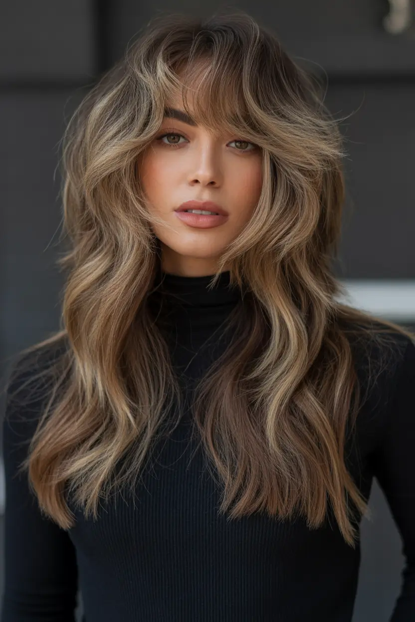 hair colors for soft winter Smoky Beige Layers with Wispy Bangs