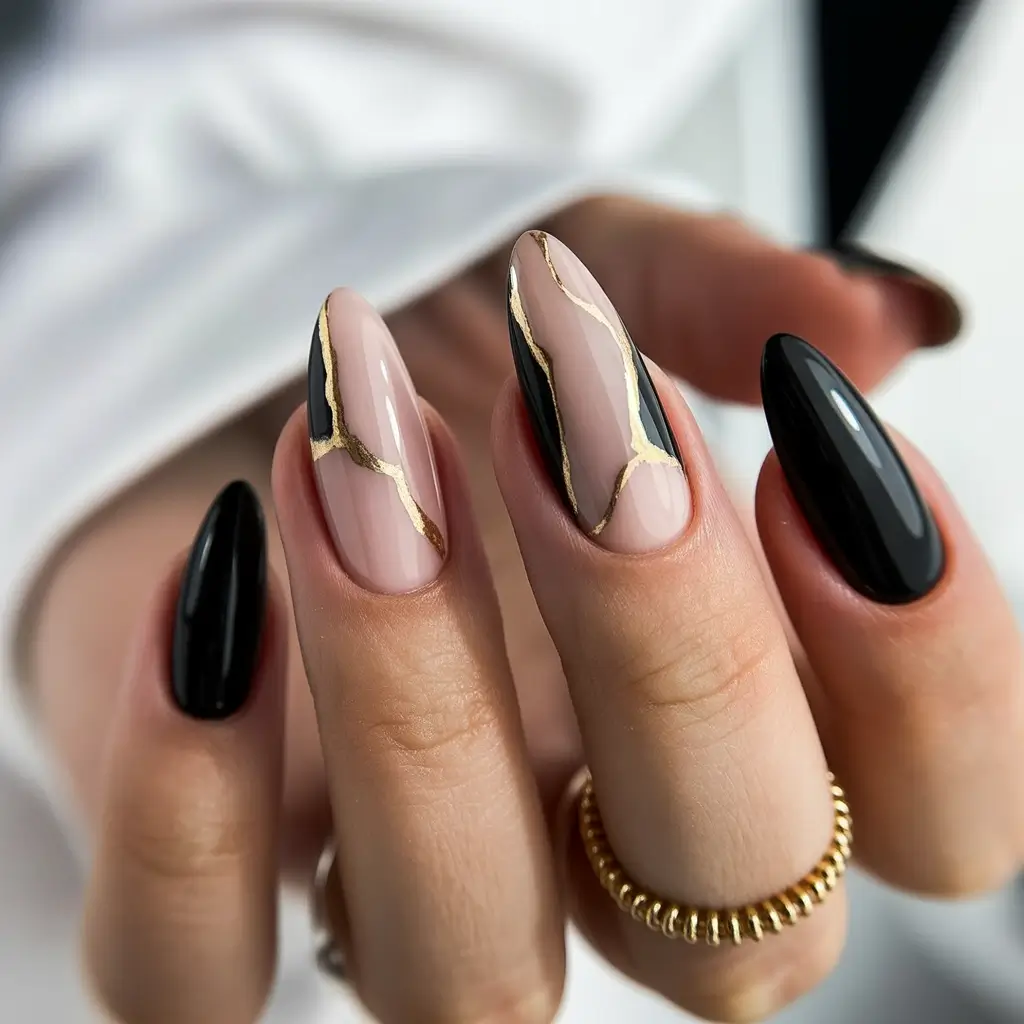 long winter nails Black & Gold Kintsugi Glam