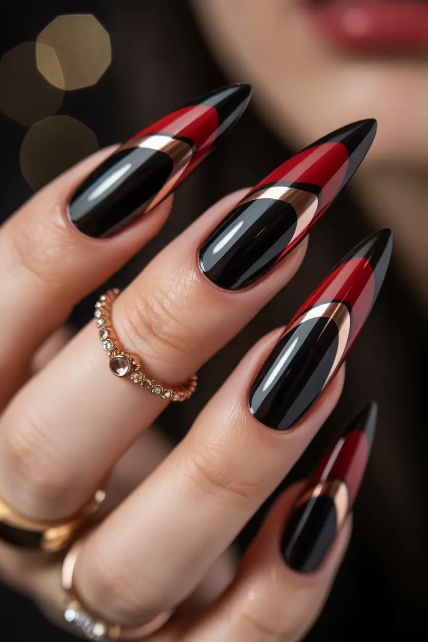 long winter nails Crimson and Gold Sophistication