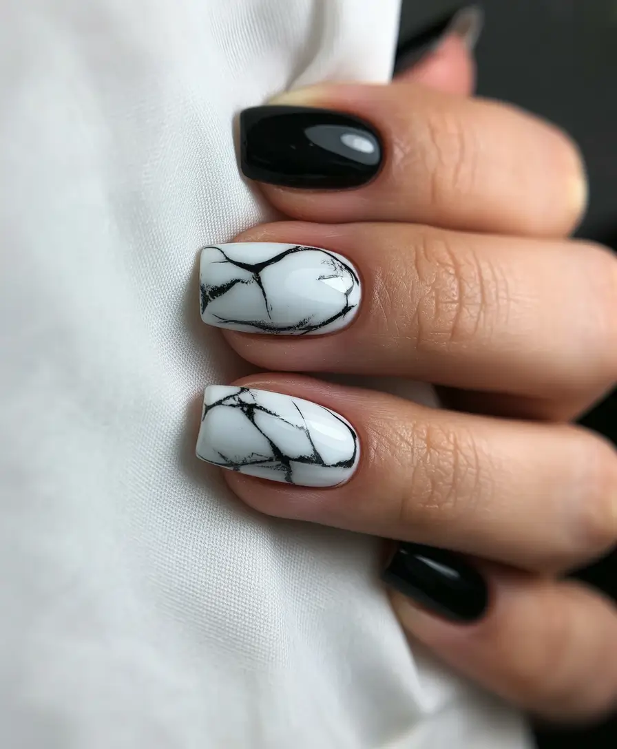 mid length winter nails timeless marble and black elegance