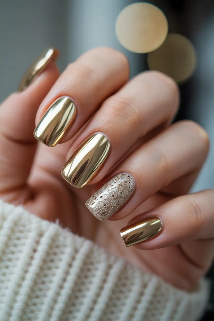 mid length winter nails golden mirror luxe