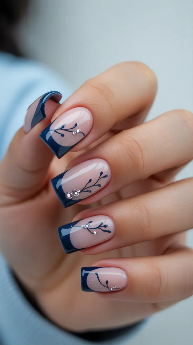 mid length winter nails midnight french with crystals