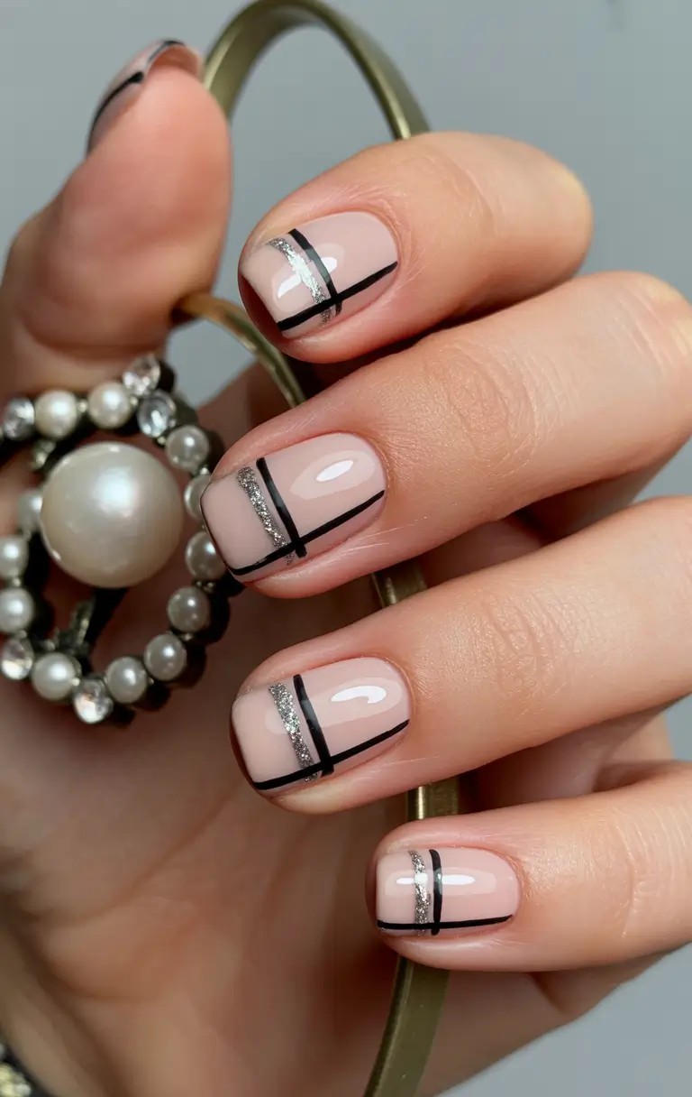mid length winter nails geometric glam lines