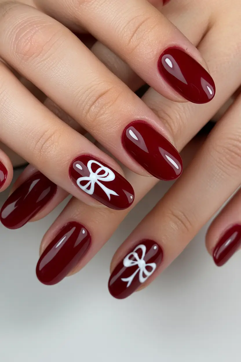 mid length winter nails crimson bows elegance