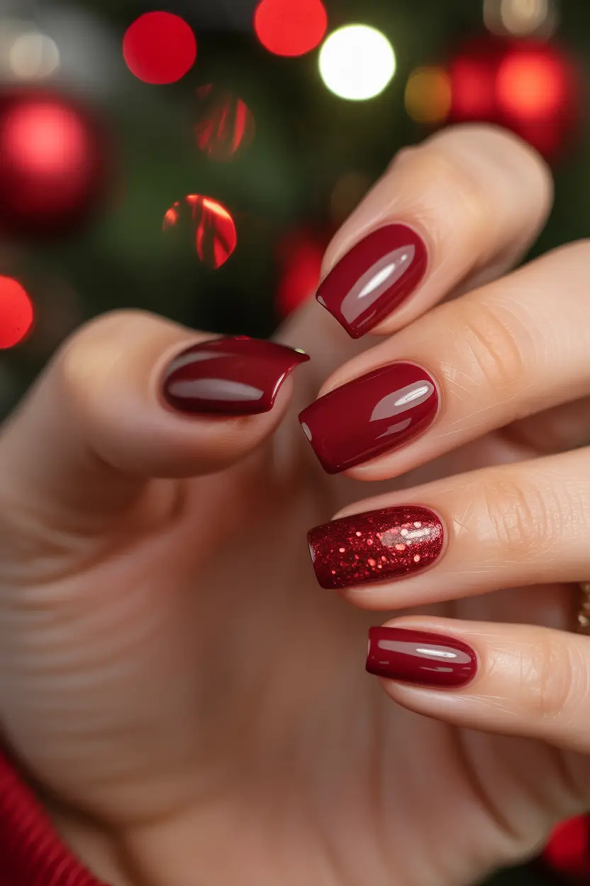 mid length winter nails red velvet sparkle