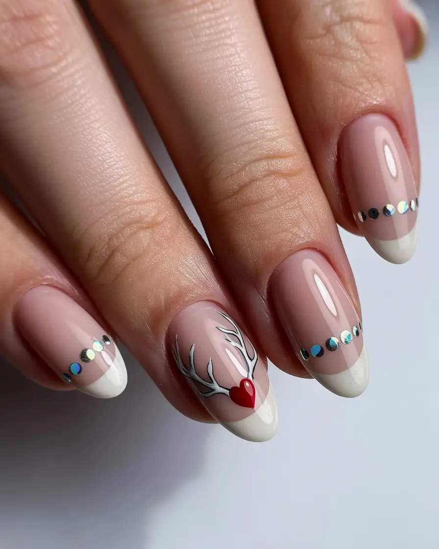 mid length winter nails minimalist reindeer accent