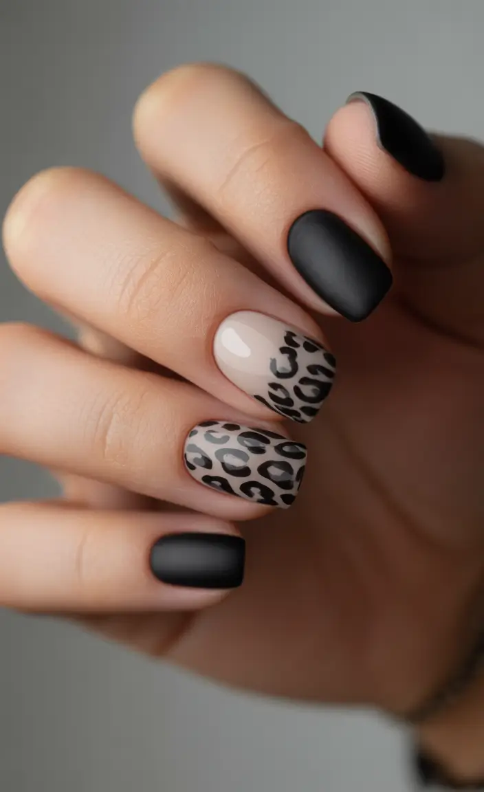 mid length winter nails matte noir and leopard fusion
