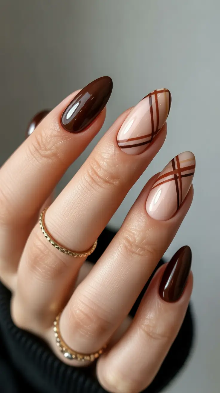 mid length winter nails mocha plaid sophistication