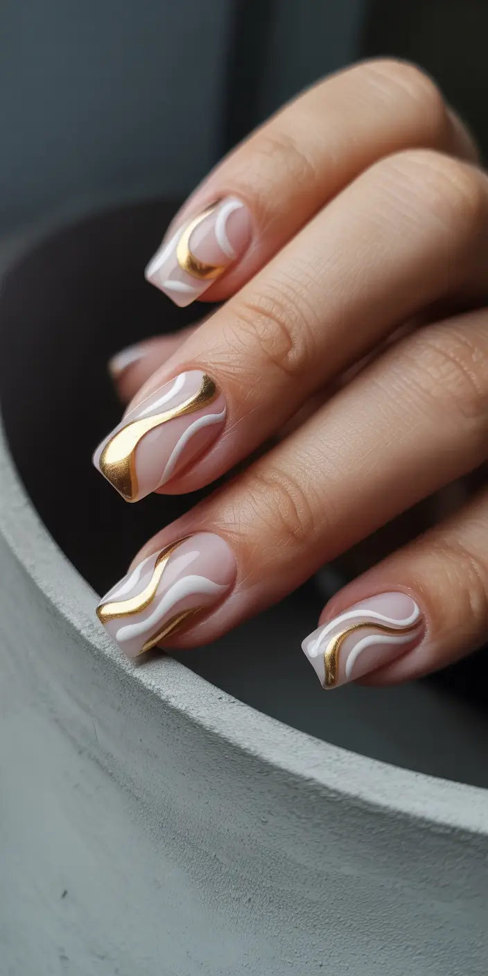 mid length winter nails golden marble waves