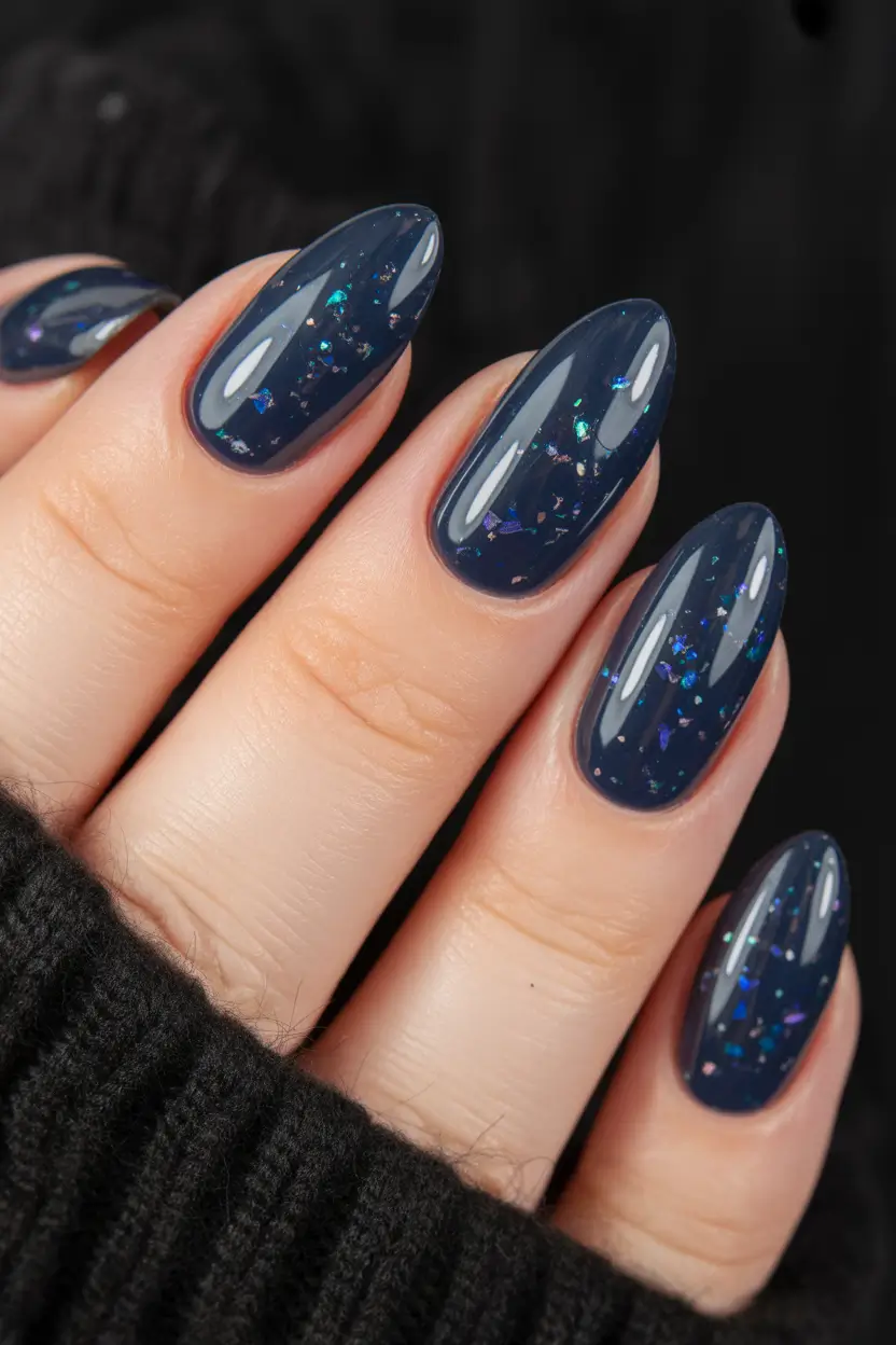 mid length winter nails deep blue galaxy sparkle