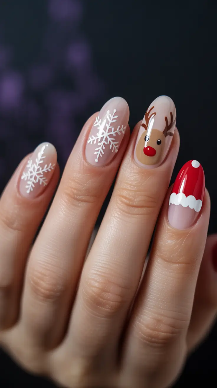 mid length winter nails rudolph and snowflakes cheer