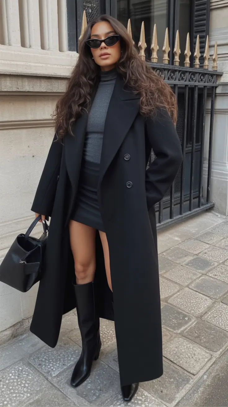 nyc winter outfits Sharp Black Coat with Mini Skirt