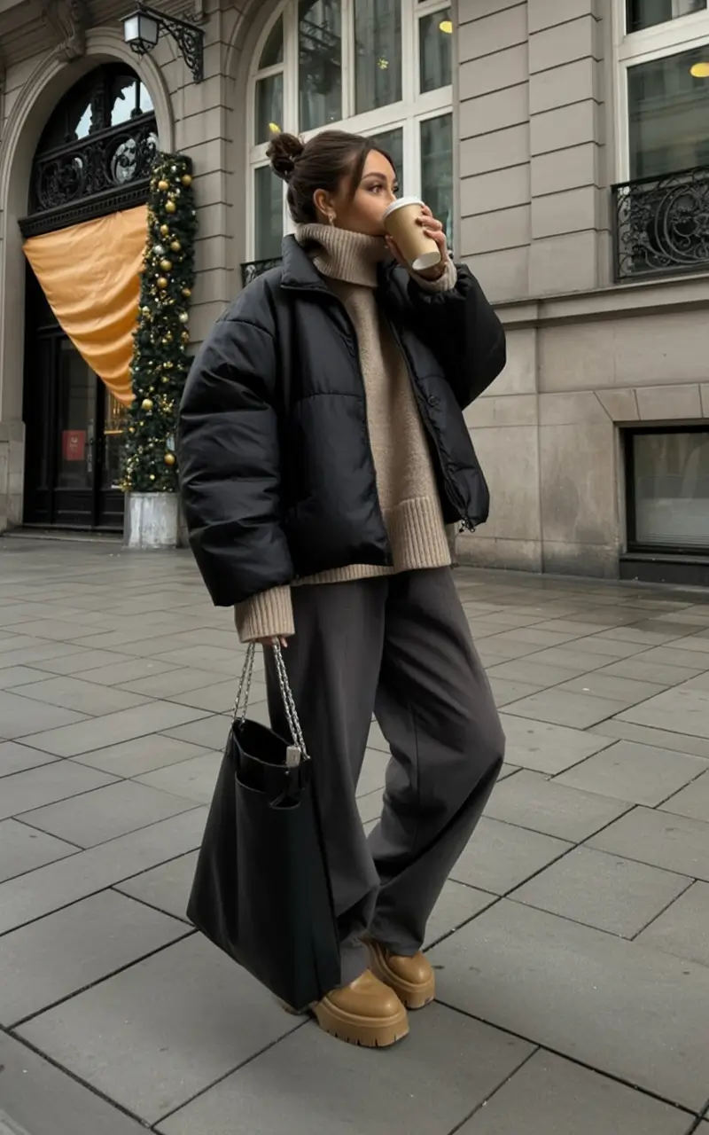 nyc winter outfits Neutral Puffer with Holiday Energy