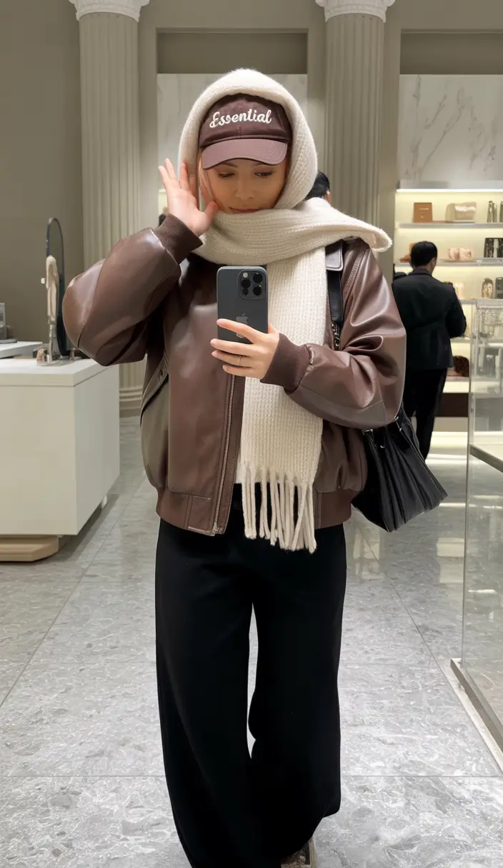 nyc winter outfits Sporty Leather and Scarf Play