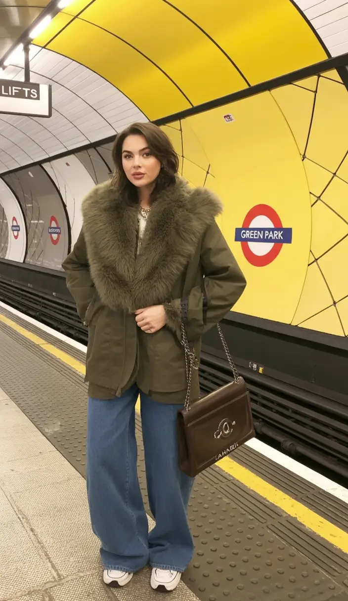 nyc winter outfits Military Green with Luxe Fur