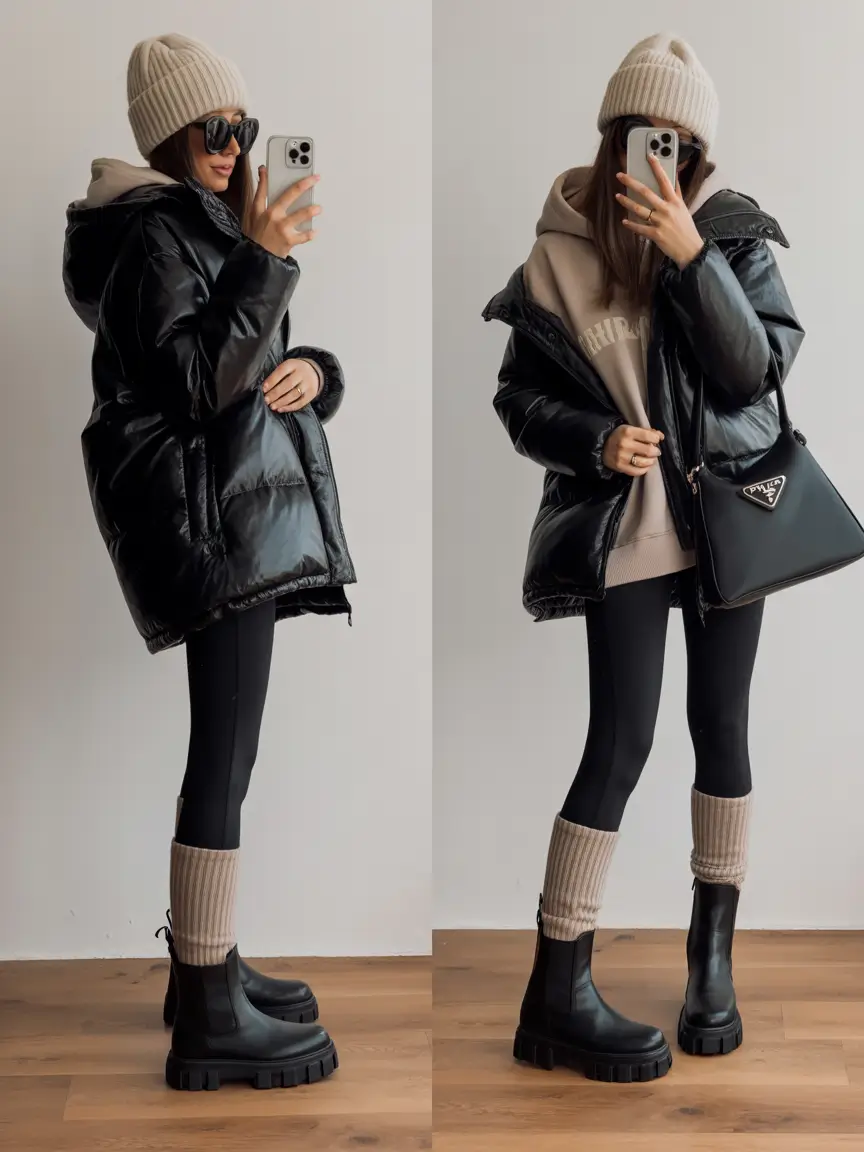 nyc winter outfits Sporty Puffers With Chunky Boots