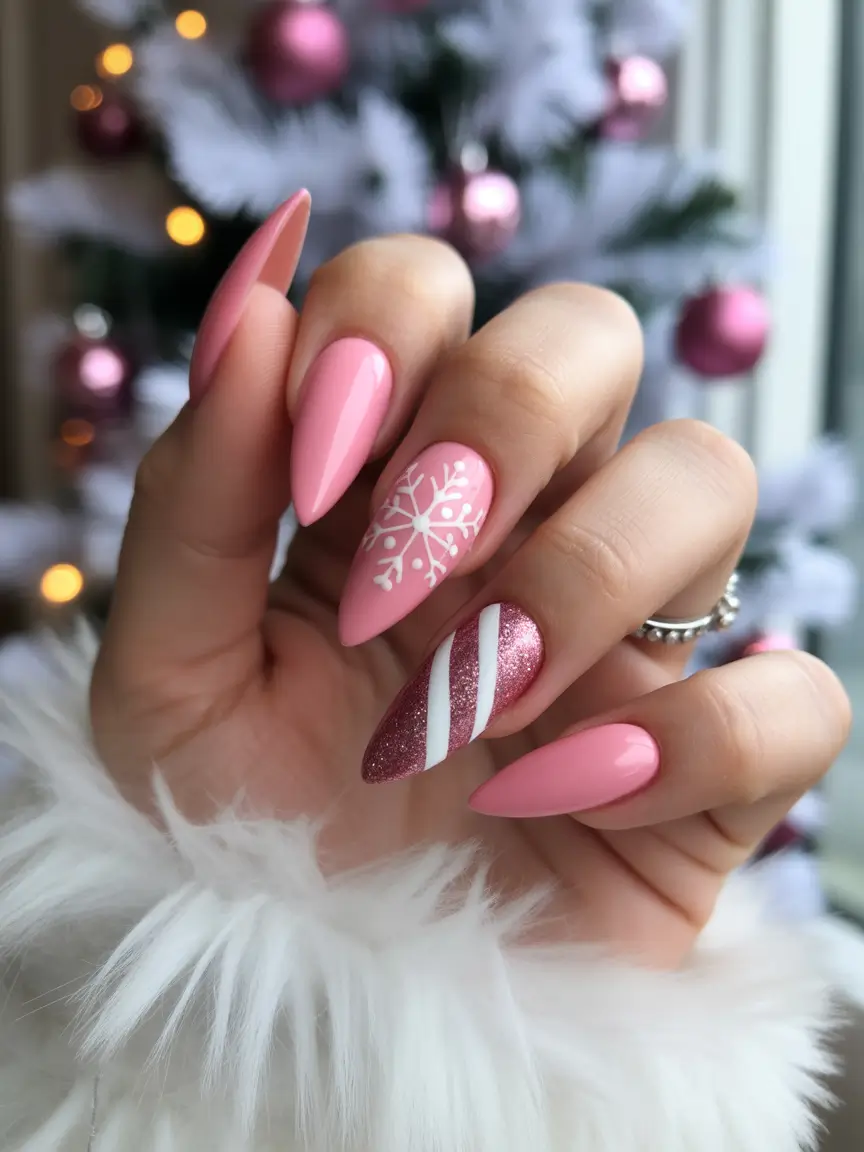 pink christmas nails Frosted Candy Stripes